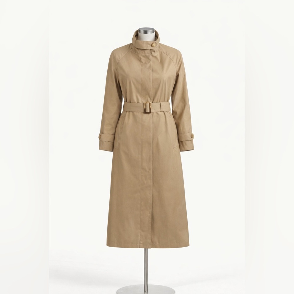 Lauren Ralph Lauren Khaki Belted Maxi Trench Coat Stand Collar Tortoiseshell L
